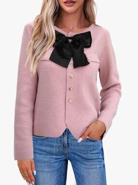 NWT Saodimallsu Pink Cropped Cardigan Sweater with Black Bow Front - Size Medium
